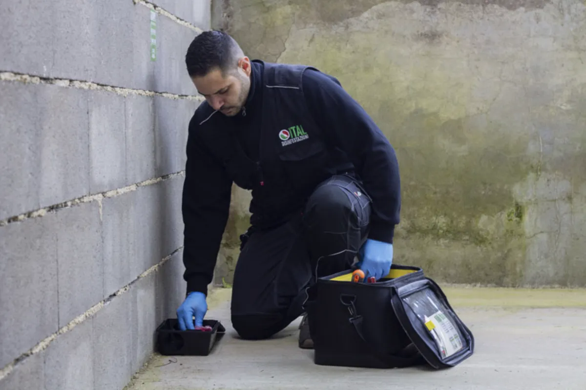 Tecnico Ital Disinfestazioni durante un intervento di derattizzazione con erogatore di sicurezza a Torino